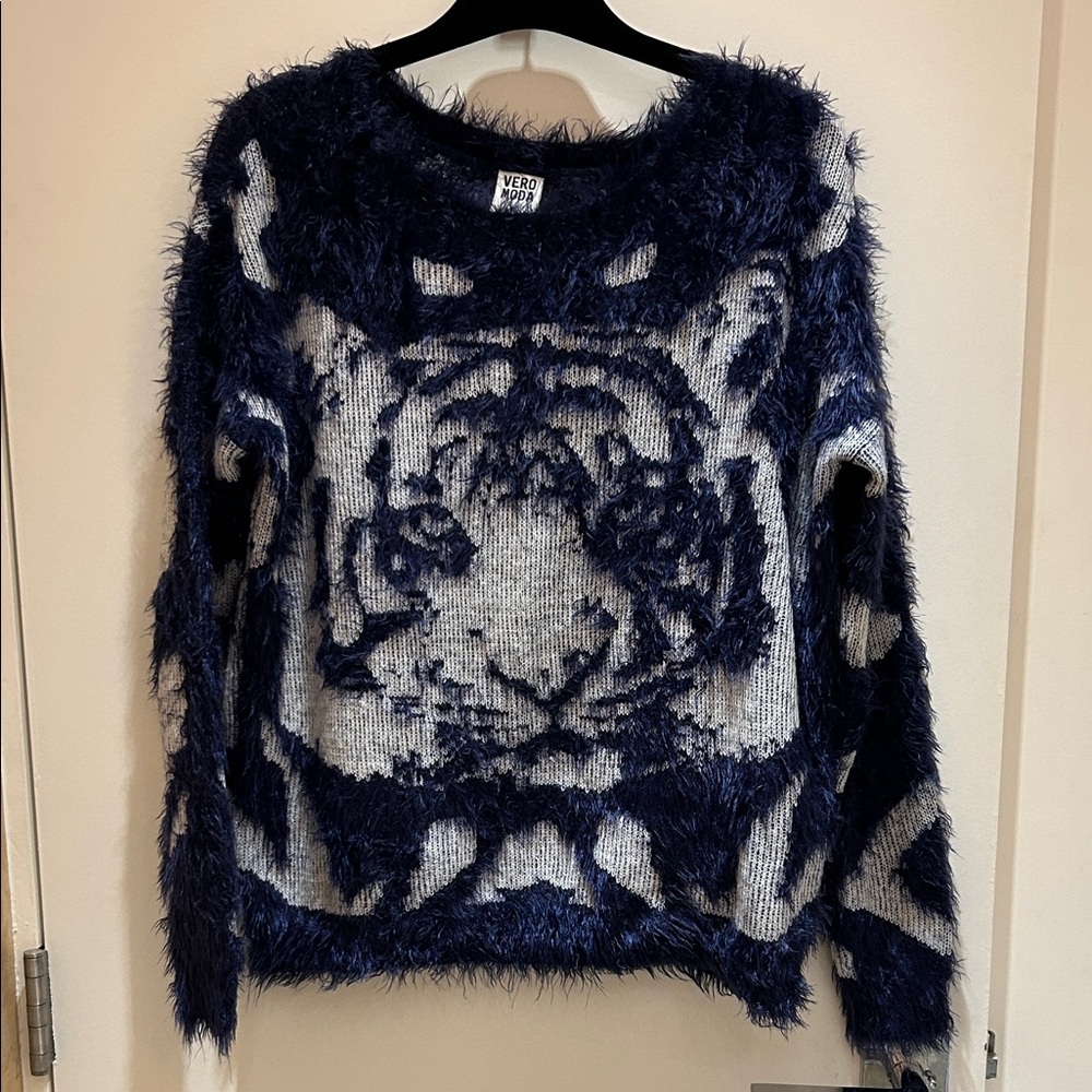 Vero Moda Navy and Gray Fuzzy Tiger Sweater